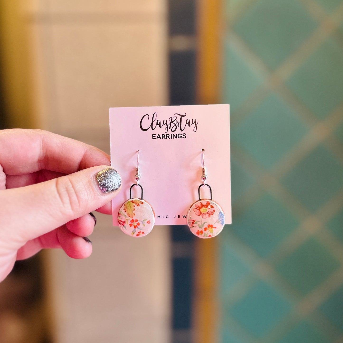 Small Circle Dangles - Multi Color Florals - Earrings