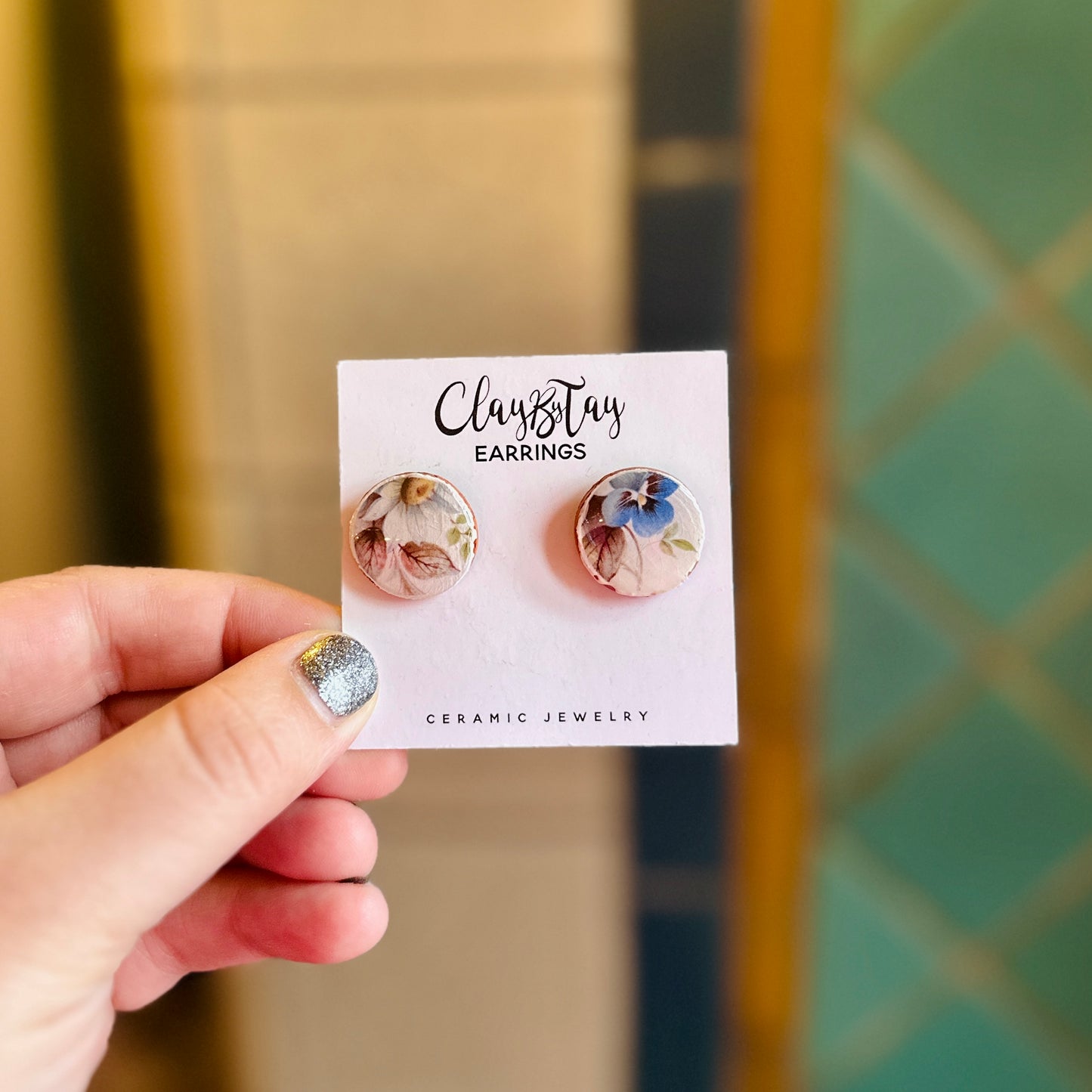 Small Circle Studs - Blue Florals - Earrings