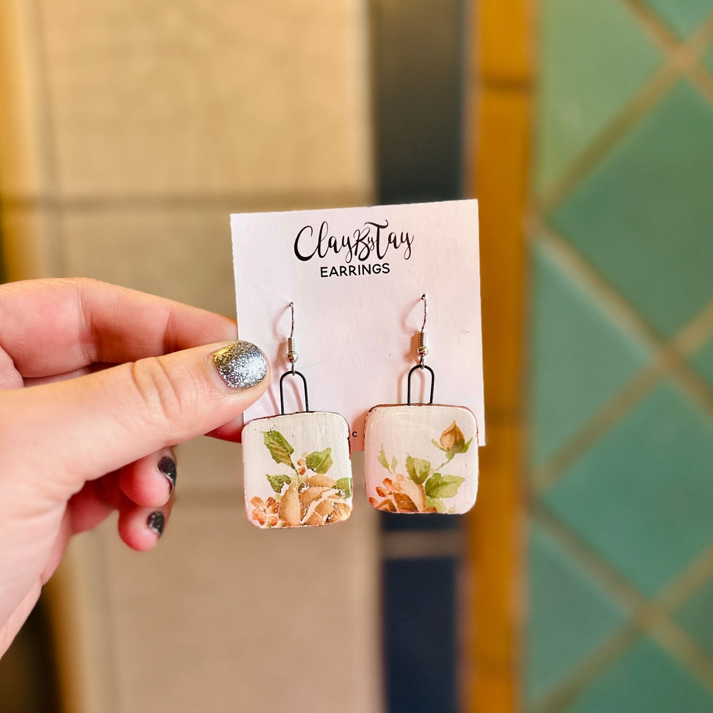 Square Statement Dangles - Neutral Roses - Earrings