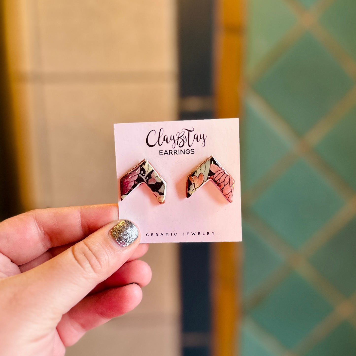 Chevron Studs - Black / Purple Florals - Earrings