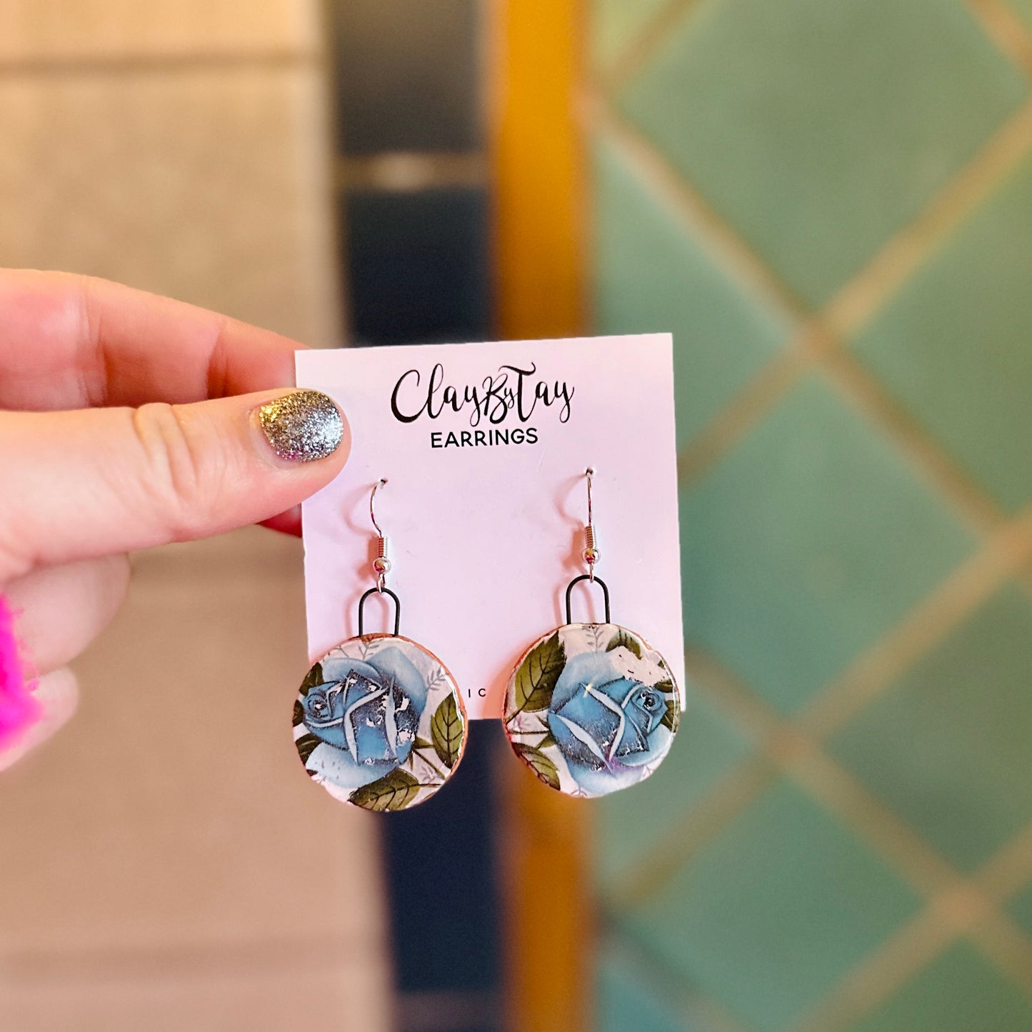 Circle Statement Earrings - Blue Roses