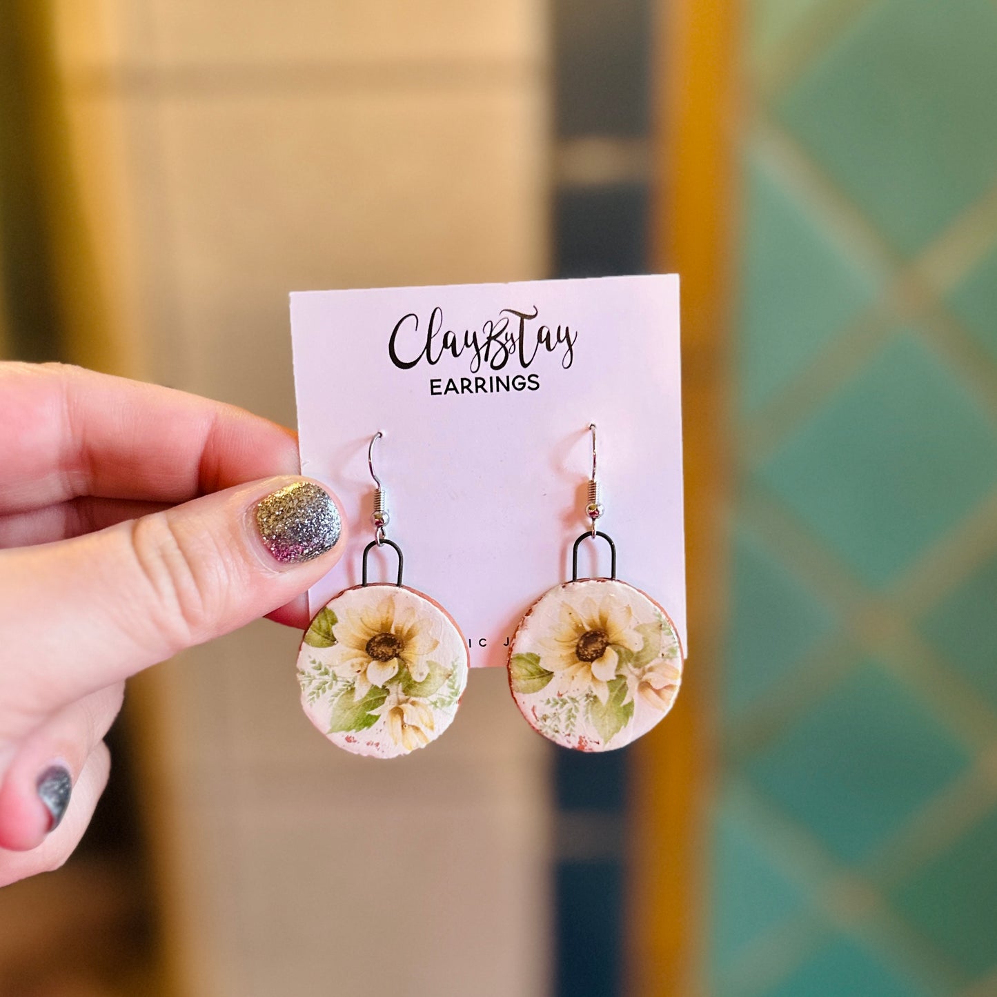 Circle Statement Earrings - Yellow Florals