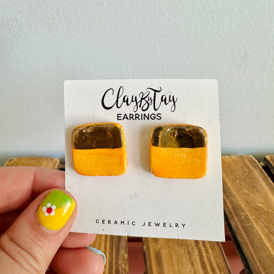 Orange and Gold Luster Square Stud Earrings