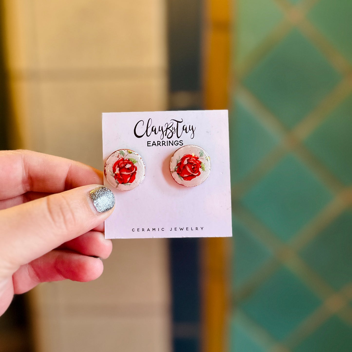 Small Circle Studs - Red Roses - Earrings