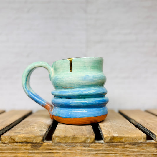 Funky Mug: Wavy Blue Ombre w/ Metallic Gold Drip