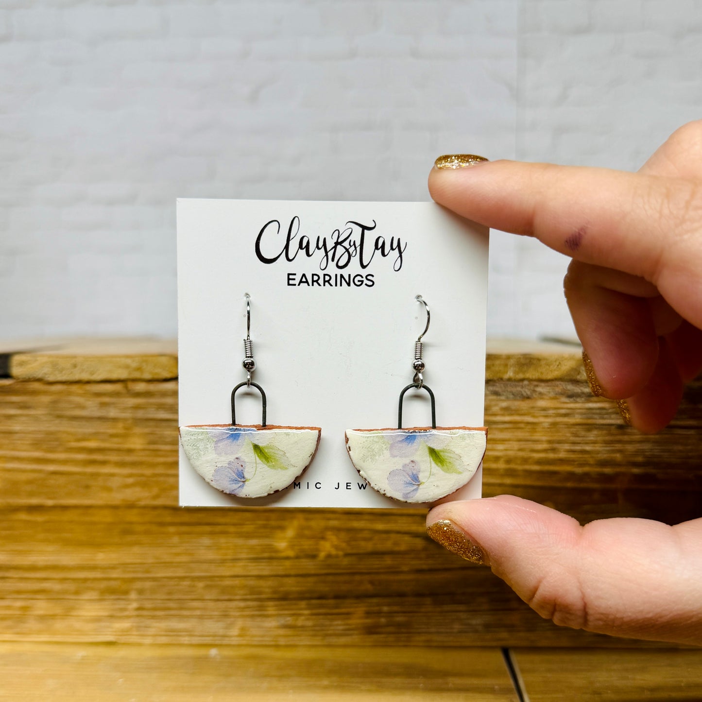 Blue Floral Half Circle Dangles - Earrings