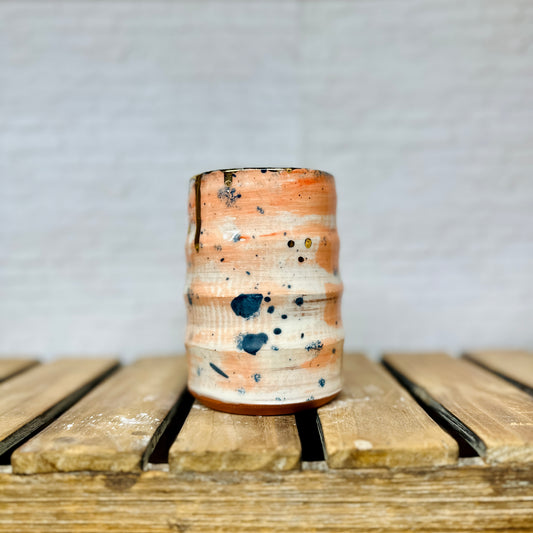 Coral and Teal Ridged Vase / Vessel / Tumbler with Gold Accents